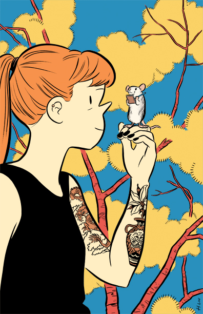 A red haired young woman with tattoos and black nails has a mouse sitting on her finger