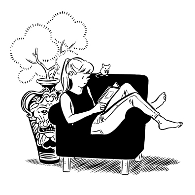 A young woman lounges in an armchair reading a book with a mouse poised on the chairback
