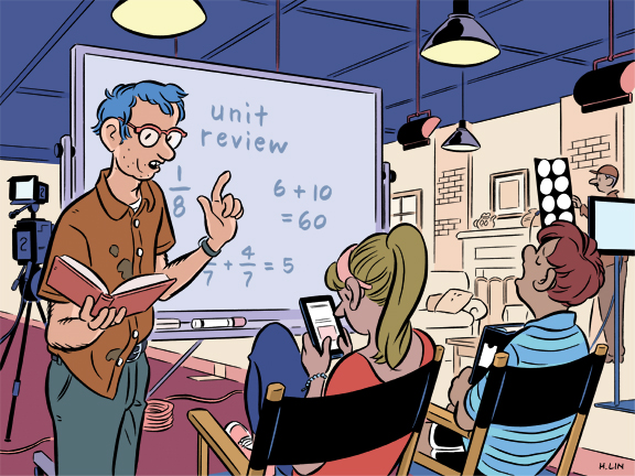 A man wearing glasses and a stained shirt teaches two teens