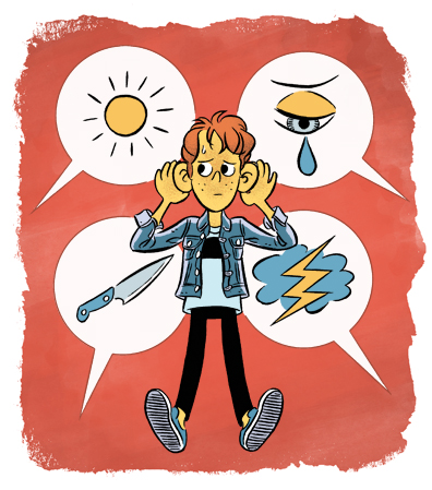 A teen boy wearing a jean jacket holds his hands to his ears as if listening