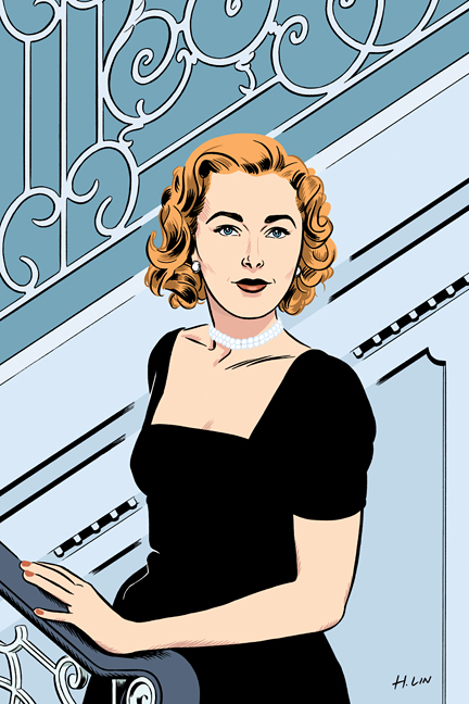 Eleanor Parker wearing pearls and a black dress on a staircase