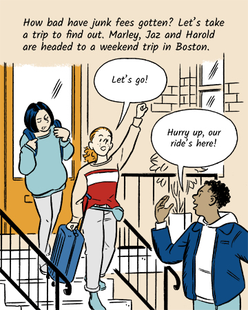 Three friends meet on a staircase to start a trip together