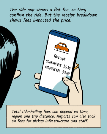 Person looks at a receipt on their cell phone showing a service fee was charged for a ride