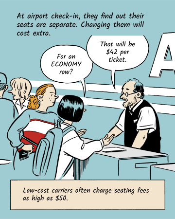 Airline employee advises two of the friends that there is a seating fee