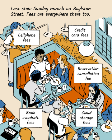 The three friends have brunch in a corner booth at a restaurant