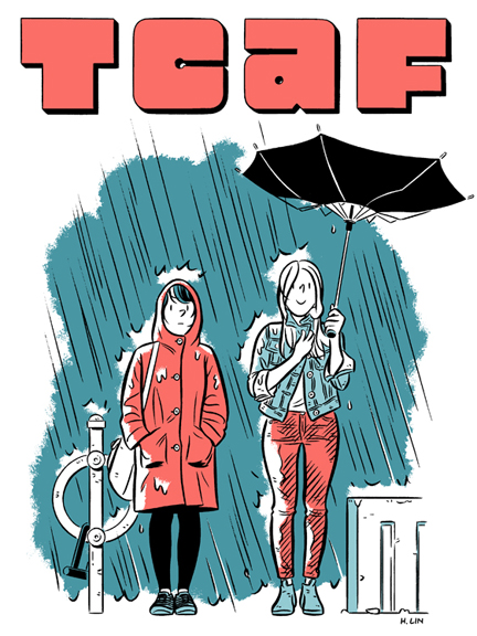 Two girls in the rain with inside out umbrella