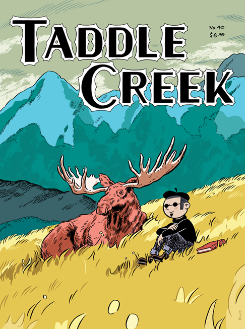 Taddle Creek cover with man and moose on hillside