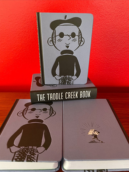 Photograph of the cover illustration on the Taddle Creek Anthology of the man wearing a beret and glasses