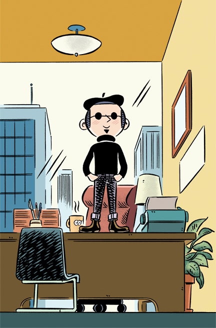 Taddle Creek editor with beret and glasses stands on a desk in an office